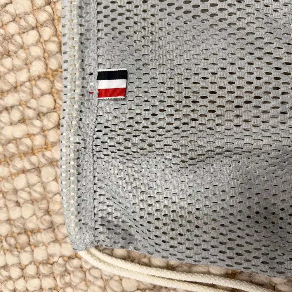 Thom Browne Designer Mesh Gym Bag Perforated Drawstring Bag EUC Gray & White
